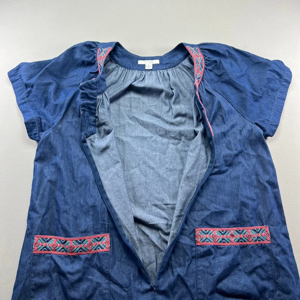 Go Softly Patio Tunic Dress Womens Large Blue Denim Cotton Pleated Split V Neck